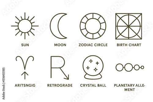 Astrological symbols for sun, moon, zodiac, and birth chart elements