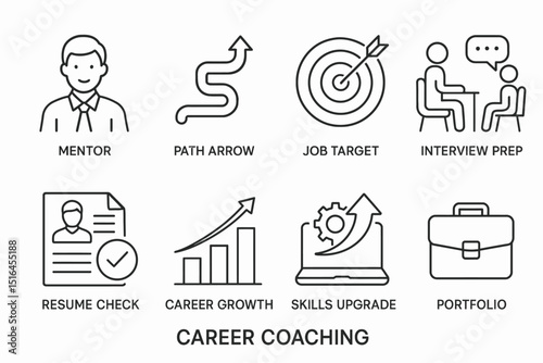 Career coaching icons: mentor, path arrow, job target, interview prep, resume check, career growth, skills upgrade, portfolio