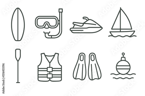 Outline icons of water sports equipment on gradient background
