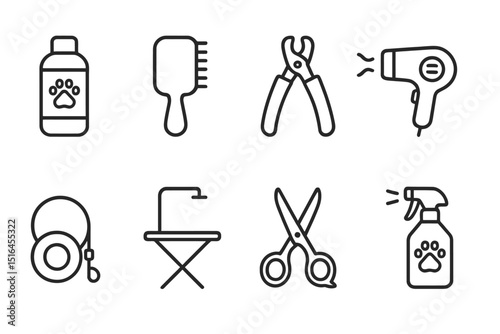 Set of pet grooming tools on dark background: shampoo, brush, clippers, dryer, leash, table, scissors, spray