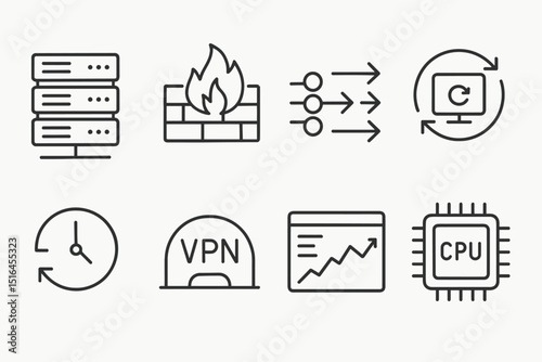 Set of network and it infrastructure icons featuring firewall, vpn, and cpu designs
