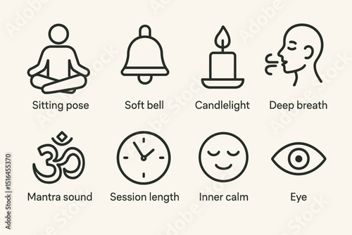 Meditation symbols: sitting pose, bell, candle, breath, mantra, clock, calm, eye