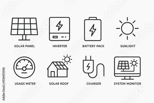 Solar energy icons: panel, inverter, battery, sunlight, charger, monitor