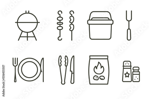 Grilling essentials icons: barbecue, skewers, cooler, cutlery, charcoal, fork