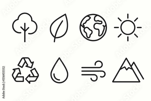 Simple line art icons representing nature and environmental themes