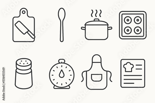 Set of eight minimalist kitchen icons featuring cooking tools and utensils