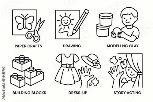 Children’s creative activities: crafting, drawing, clay modeling, building, dress-up, story acting