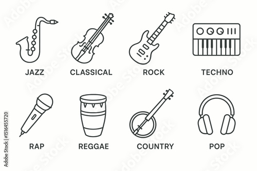Musical instrument icons representing jazz, classical, rock, techno, rap, reggae, country, and pop genres