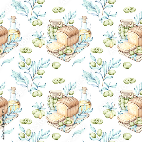 Olives and olive oil seamless pattern background for wallpaper inspired by Italian cuisine with bread green olives and delicate watercolor illustrations
