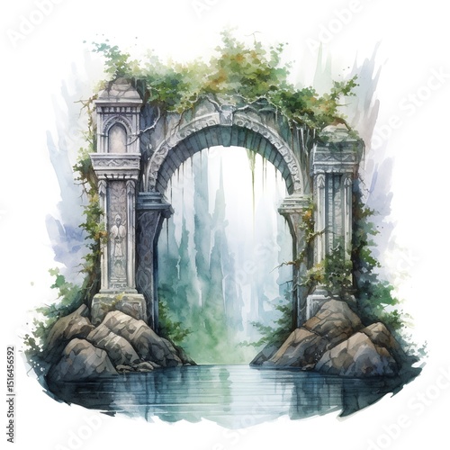 A waterway with a stone archway leading to a lush green forest. , isolated on white background.