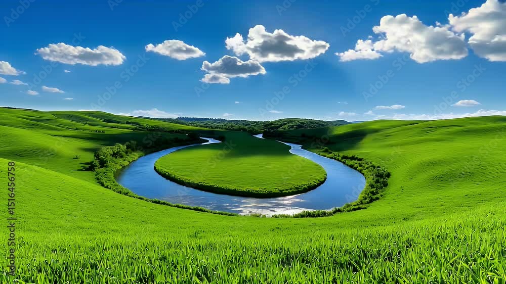 Bright Sunny Day Lush Green Meadow Meandering River Blue Sky