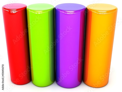 Four brightly colored cylindrical columns arranged closely together on a white surface