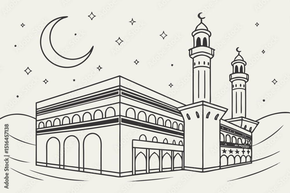 Kaaba Artwork With Moon Stars And Abstract Style