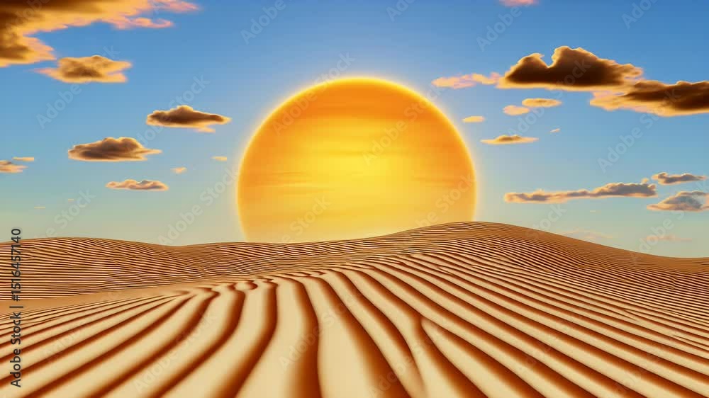 Vibrant Orange Sunset Over Textured Sand Dunes in a Desert Landscape