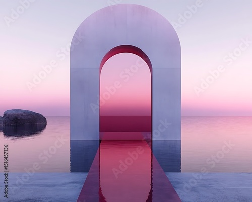 An architectural archway frames the calm ocean horizon during sunset