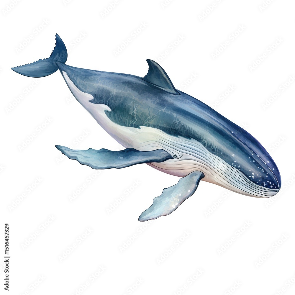 Obraz premium A blue whale is swimming in the ocean , isolated on white background.