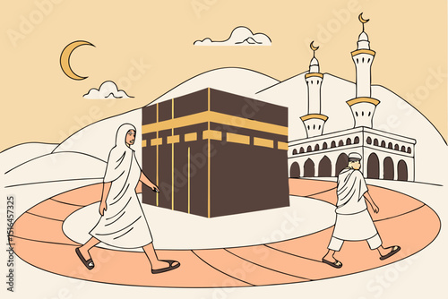 Islamic Pilgrimage Scene With Pilgrims Illustration