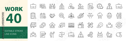 Work icon set. Containing job, office,, career, employment, meeting, organization, teamwork, networking and more. Editable line icons. Vector illustration.