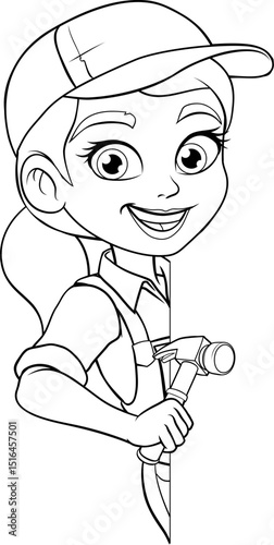 A woman female carpenter holding a hammer tool builder construction cartoon character mascot.