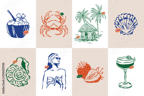 La Dolce Vita doodles. Minimal sketch style travel vector illustration set. Art for postcards, branding, logo design, greeting cards, menu, wedding invitations.