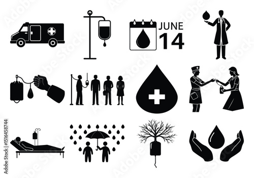 World Blood Donor Day Silhouette Icons Medical and Humanitarian Concepts