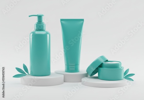 Turquoise cosmetic products on pedestals with leaves