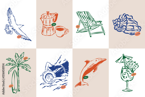 La Dolce Vita doodles. Minimal sketch style travel vector illustration set. Art for postcards, branding, logo design, greeting cards, menu, wedding invitations.