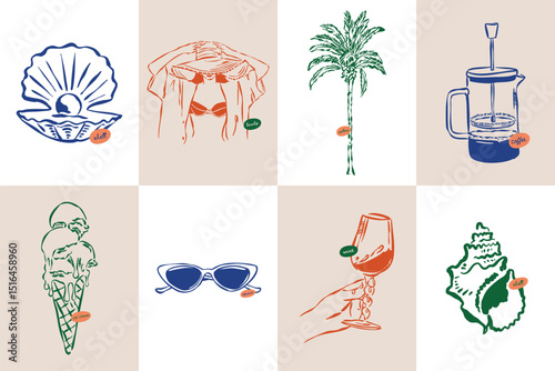 La Dolce Vita doodles. Minimal sketch style travel vector illustration set. Art for postcards, branding, logo design, greeting cards, menu, wedding invitations.