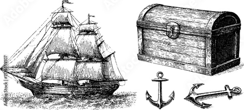 Vintage nautical heritage: antique sailing ship, treasure chest, and nautical anchors