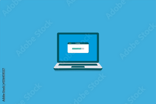 Illustration of Laptop with Copying Progress Bar on Blue Background.
