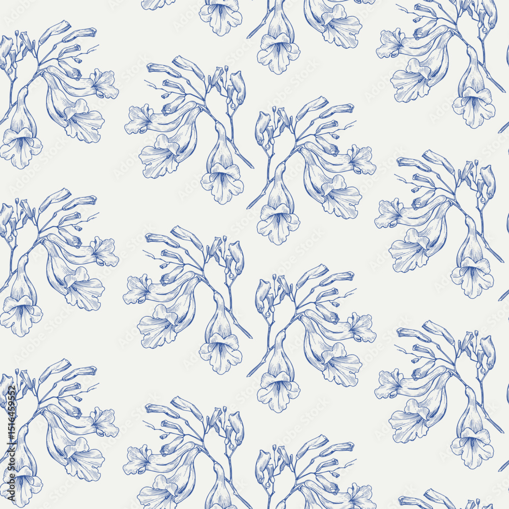 Fototapeta premium Toile art Floral vector vintage seamless pattern jacaranda tree flowers, blue beige. Hand drawn background for design packaging, textile, wrapping paper, wallpaper, Fashion apparel, wedding Monochrome