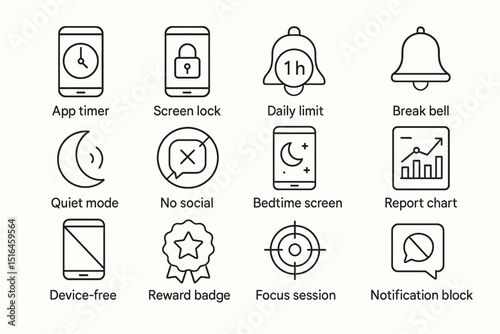 Digital wellbeing icons for time management and focus enhancement