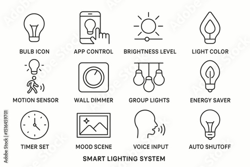 Smart lighting system icons: app control, motion sensor, energy saver
