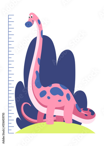 Height measure with growth ruler chart with cute cartoon dinosaur animal. Funny kids meter, wall scale to measure growth. Children room wall sticker as interior decor