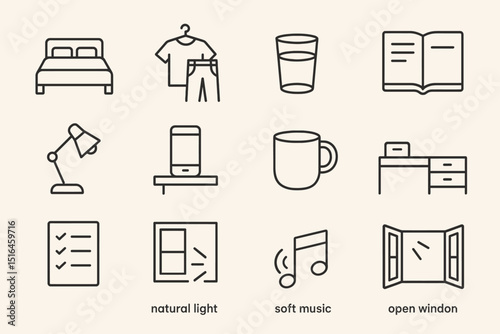 Minimalist icons: bedroom, clothing, glass, book, desk lamp, smartphone, mug, office desk, checklist, window, music note