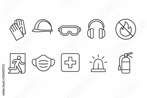Safety equipment icons including gloves, hard hat, goggles, and fire extinguisher