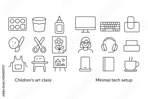 Children's art class and minimal tech setup icons with drawing and digital tools