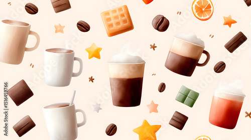 A vibrant and playful display of various coffee cups, chocolates, and pastries set against a soft background, inviting you to indulge in a delightful treat.