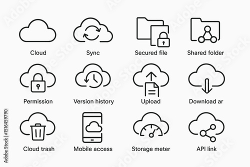 Cloud service icons: sync, storage, security, and mobile access symbols