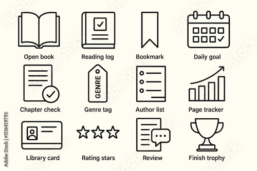 Reading icons: open book, calendar, trophy, genre tag, review