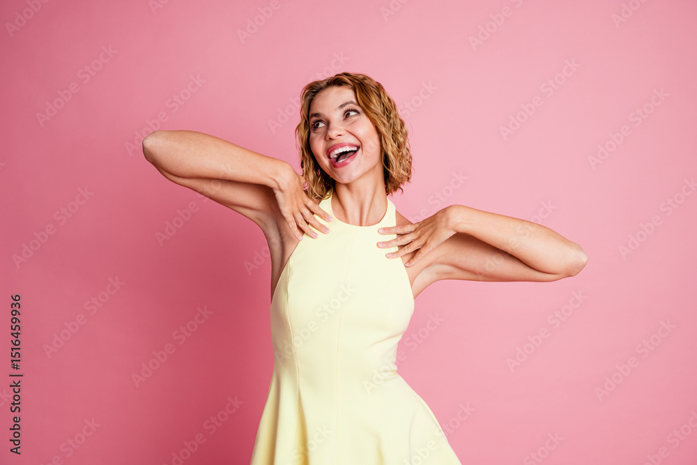 Smiling Young Woman in Yellow Dress Posing Confidently Against Pink Background Sharing Happy and Stylish Summer Vibes Smiling Young Woman in Yellow Dress Posing Confidently Against Pink Background Sharing Happy and Stylish Summer Vibes