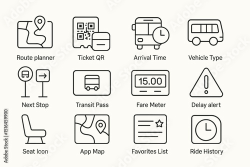 Transport icons: route planner, ticket qr, arrival time, vehicle type, transit pass