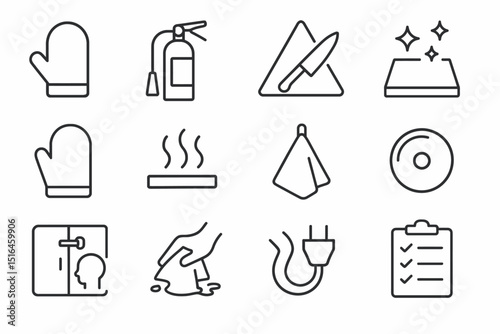 Kitchen safety and cleaning line icons collection