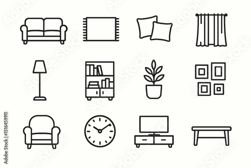 Minimalist home icon set: furniture, decor, and accessories collection
