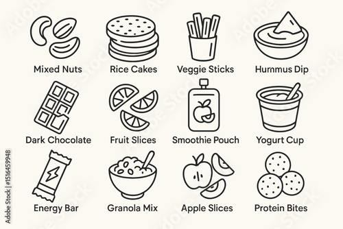 Assorted snacks vector icons featuring nuts, chocolate, fruits, yogurt, hummus, and more