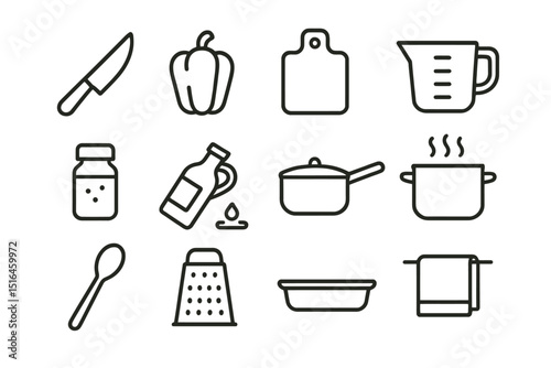 Minimalist kitchen utensils icons set featuring knife, cutting board, and cooking tools