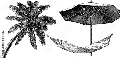 Tropical relaxation scene with palm tree, hammock, and umbrella for summer design