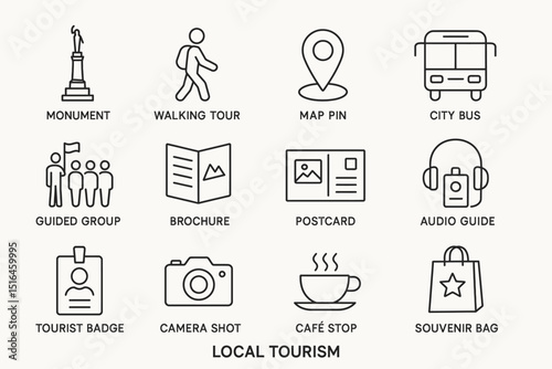 Local tourism elements: monument, walking tour, map pin, city bus, guide, brochure, postcard