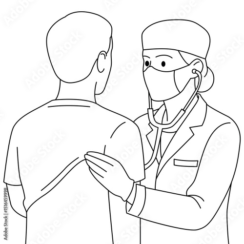 Doctor examining a patient with a stethoscope. Line art illustration of medical check-up, physician listening to lungs or heart. Healthcare, diagnosis, and consultation concept