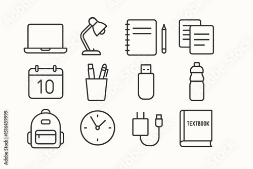 School supplies icons: laptop, lamp, notebook, calendar, backpack, clock, textbook